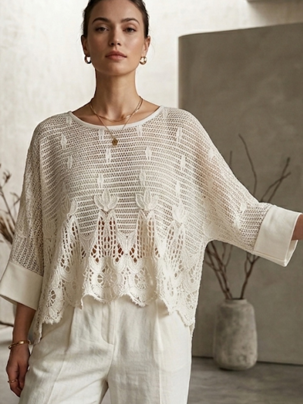 Cotton Crochet Knit Boxy Cropped Top Size Medium